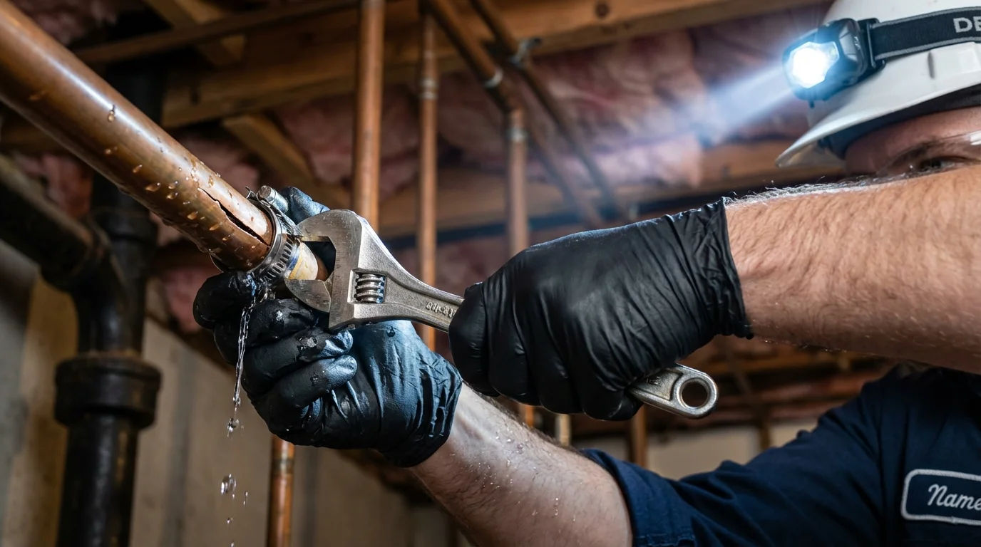 Emergency pipe clamp repair being performed by a Johns Plumbing LLC plumber in Entiat