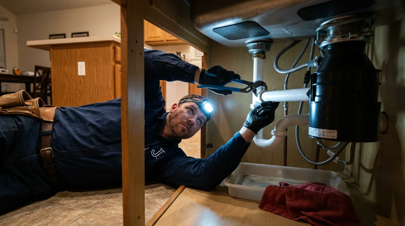 P-trap and supply line connections under a kitchen sink showing a common leak point in Entiat, WA